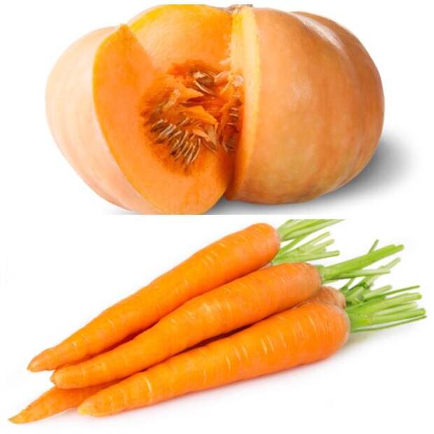 Оранжевые овощи - тыква, морковь. Богаты бета-каротином. Высокое содержание витамина А. Полезны для кожи.