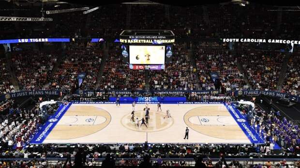 A view of the opening tip at the SEC women's tournament championship game between South Carolina and LSU.