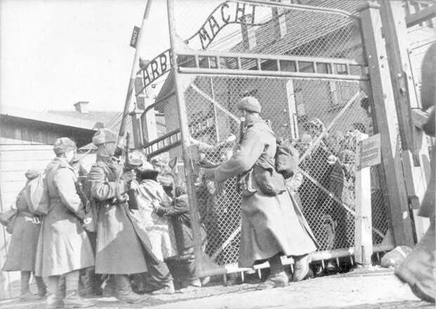 Советские солдаты открывают ворота в концлагере Аушвиц-Биркенау (Освенцим, Польша), 27 января 1945 года. Историческая фотография, редкие фотографии, ретро фото, фото