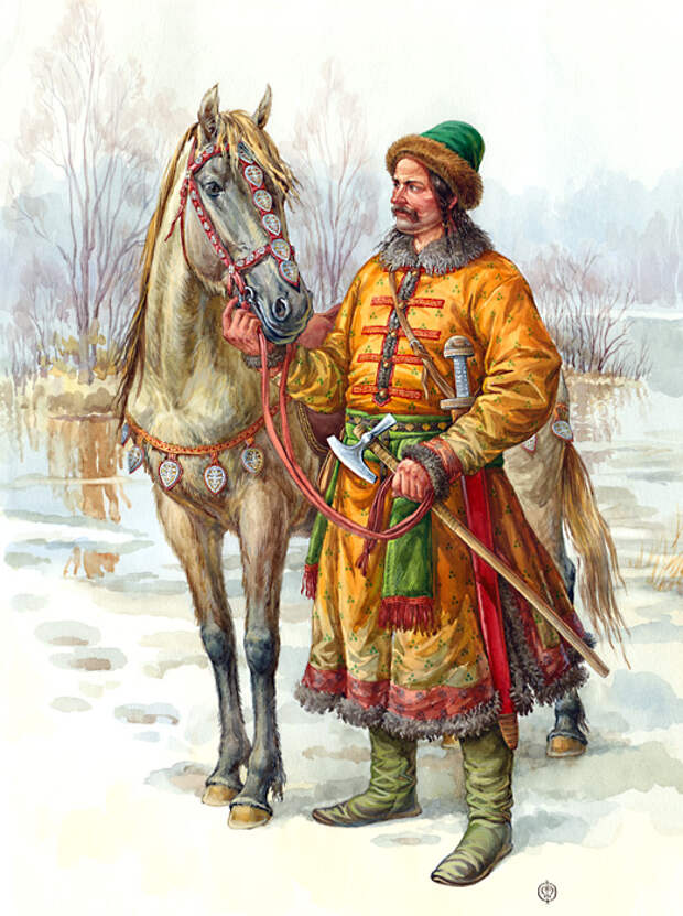 Киевский дружинник X века. По материалам раскопок  М.К.Каргера Десятинной церкви Киева, погребение №108.