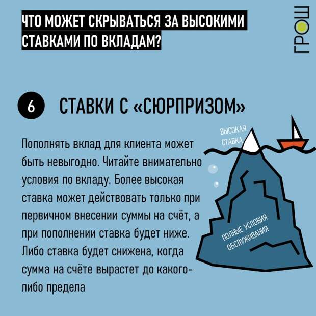 Выгодные ставки по вкладам, что по ним может скрываться на самом деле? Подборка хитростей, на которые стоит обращать внимание при заключении договора. @groshblog Ставка по вкладу может меняться при его пополнении Пополнять вклад для клиента может быть невыгодно. Читайте внимательно условия по вкладу. Более высокая ставка может действовать только при первичном внесении суммы на счёт, а при пополнении ставка будет ниже. Либо ставка будет снижена, когда сумма на счёте вырастет до какого-либо предела  