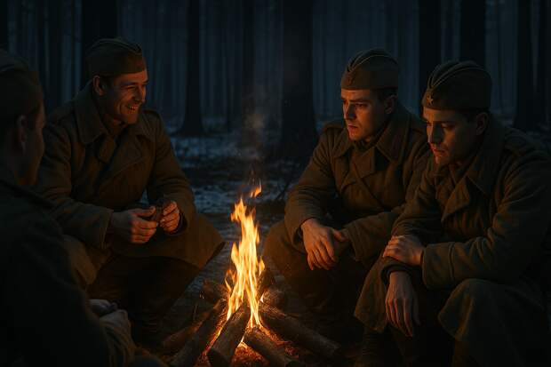 Фронт, зима 1943 года. В лесу после боя группа советских солдат сидит вокруг костра. Они в шинелях, усталые, но рядом друг с другом.