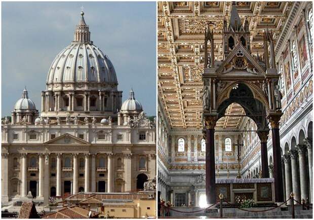 Слева направо: Собор Святого Петра — католический собор, центральное и наиболее крупное сооружение Ватикана. \ Интерьер: Базилика Святого Павла.