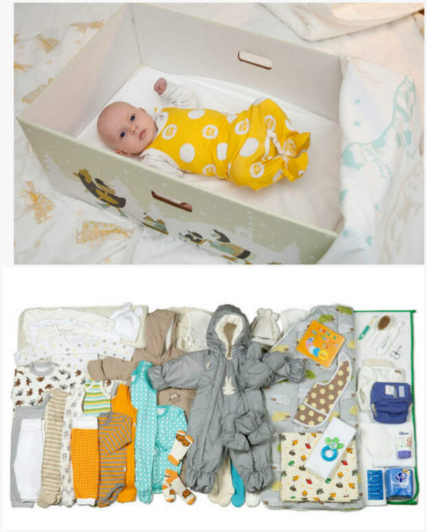 В Финляндии каждая женщина после родов получает коробку с самыми необходимыми вещами для малыша.