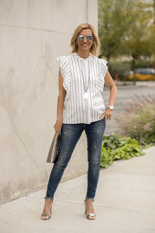 stripe sleeveless shirt with ruffle detail