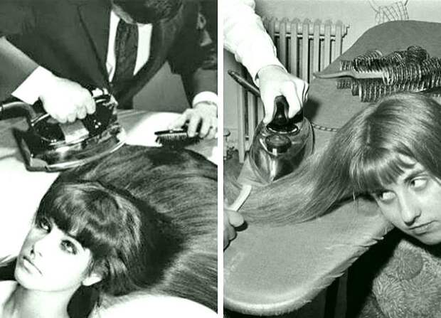 Популярный метод выпрямления волос в 1960-х годах история, черно-белая фотография, юмор