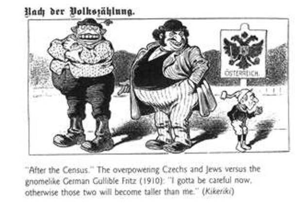 На карикатуре 1910 г. маленький гномообразный Доверчивый Фриц стоит рядом с огромными и толстыми чехом и евреем и говорит: "Мне надо быть осторожнее, а то как бы они не стали больше меня".