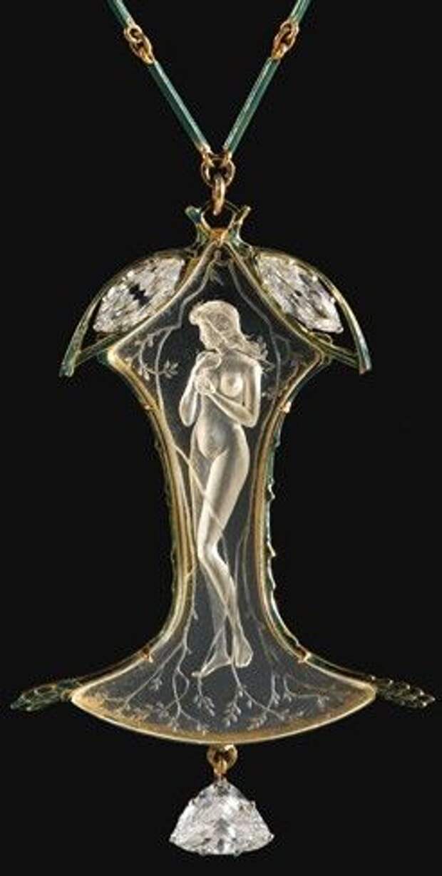Renй Lalique Glass or Rock Crystal Pendant & Diamonds
