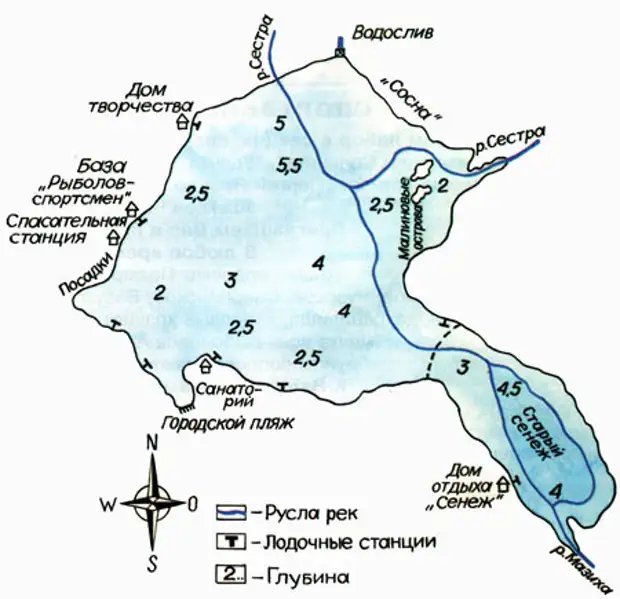 Сенеж карта глубин озера для рыбалки