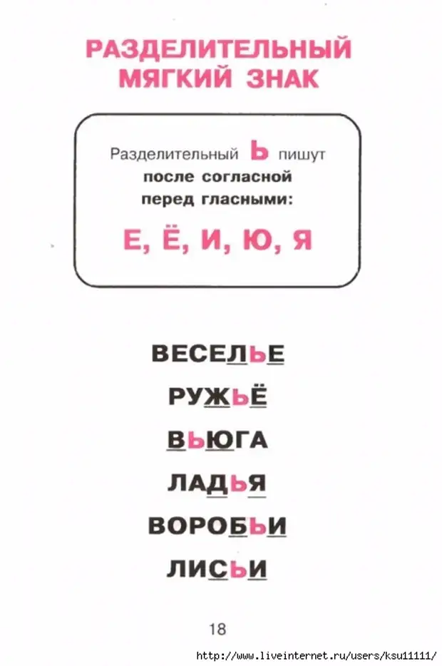 Слова с разделительным мягким. Разделительный мягкий знак. Мягкий знак перед гласными. Разделительный мягкий знак перед гласными. Русский язык для младших школьников в таблицах и схемах.