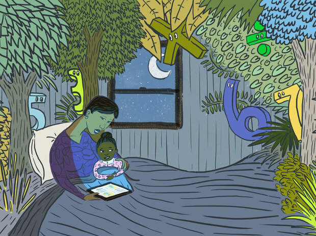 A mother reads her daughter bedtime stories with numbers.