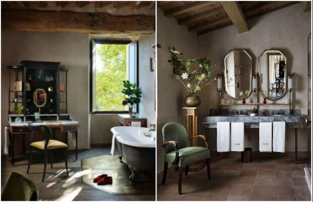 Ванные комнаты оформлены так, чтобы гости могли наслаждаться и водными процедурами, и умиротворяющей обстановкой (Castello Di Reschio Hotel, Италия).