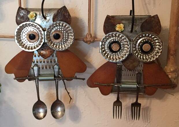 The two owls are from repurposed graters, buttons & rusty things. I guess that makes them "Grate Horned Owls"