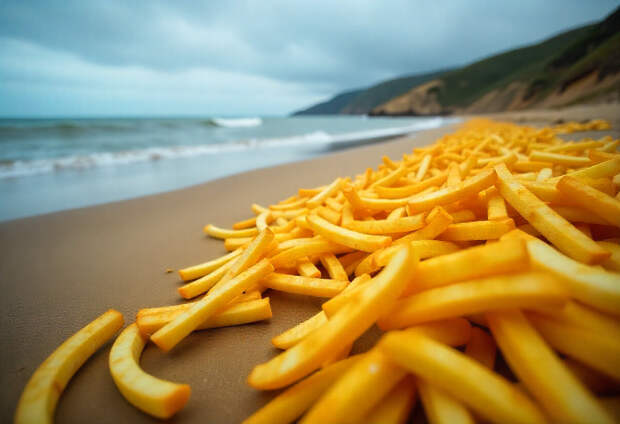 Британский пляж завалило тоннами картофеля фри после шторма