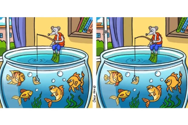 Найдите 10 отличий: глазастая рыбалка с мультяшным мышонком