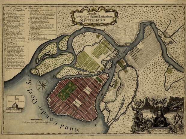 1717 год, карта выполнена берлинским гравером Паулем Бушем СПб, древние карты, карты, карты Питера, редкие карты, санкт-петербург