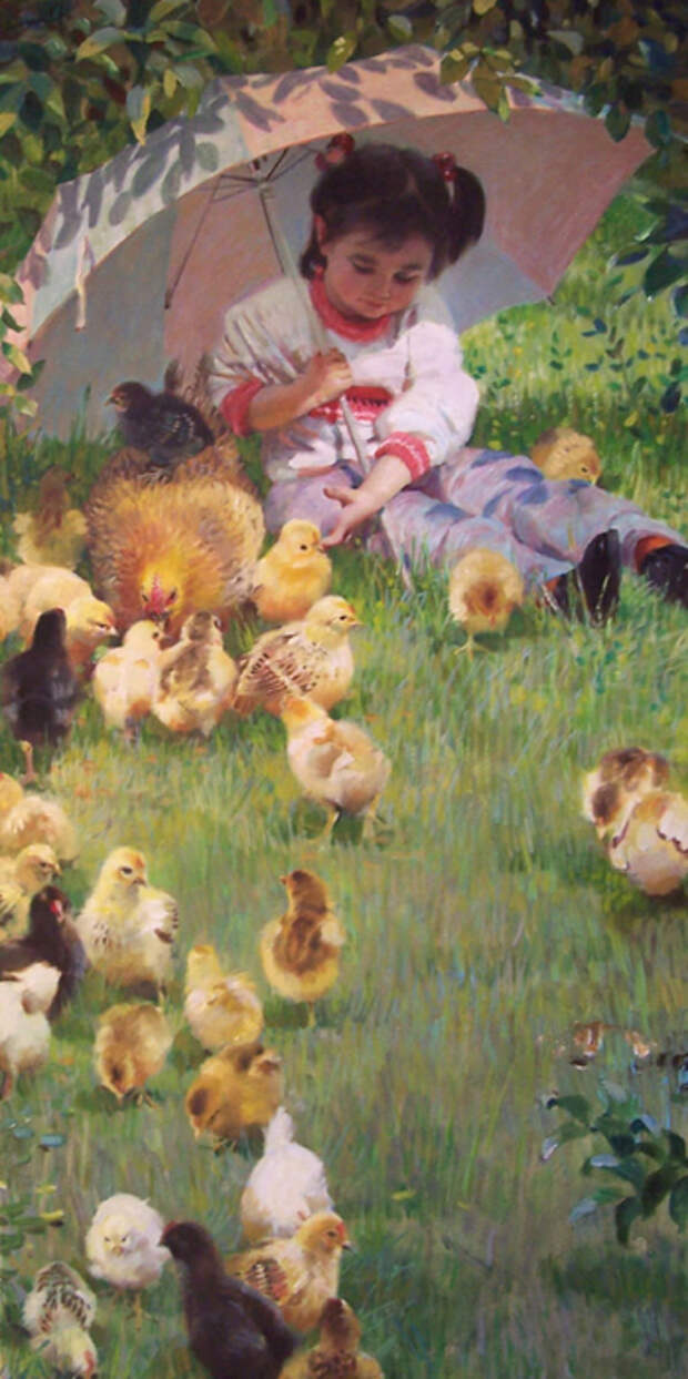 Картина дети кормят курицу и цыплят. Huang Zhong. Художник Huang Zhong. Цыпленок для детей.