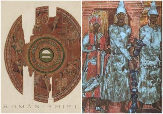 Слева направо: Акварельный рисунок римского щита с изображением битвы греков и амазонок, Герберт Дж. Гут, 1934-1935 годы. \ Фреска из сирийского храма в Дура-Европосе.