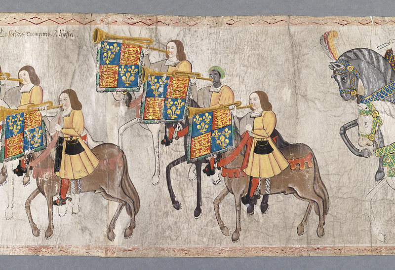 A scene from the Westminster Tournament Roll, showing John Blanke, an African trumpeter who worked for Henry VIII.
