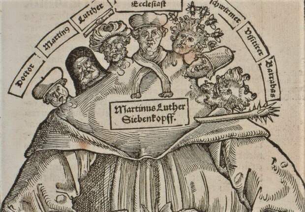 Иоанн Кохлей. Семь голов Мартина Лютера по типу семи голов зверя из Откровения Иоанна Богослова. 1529 год.