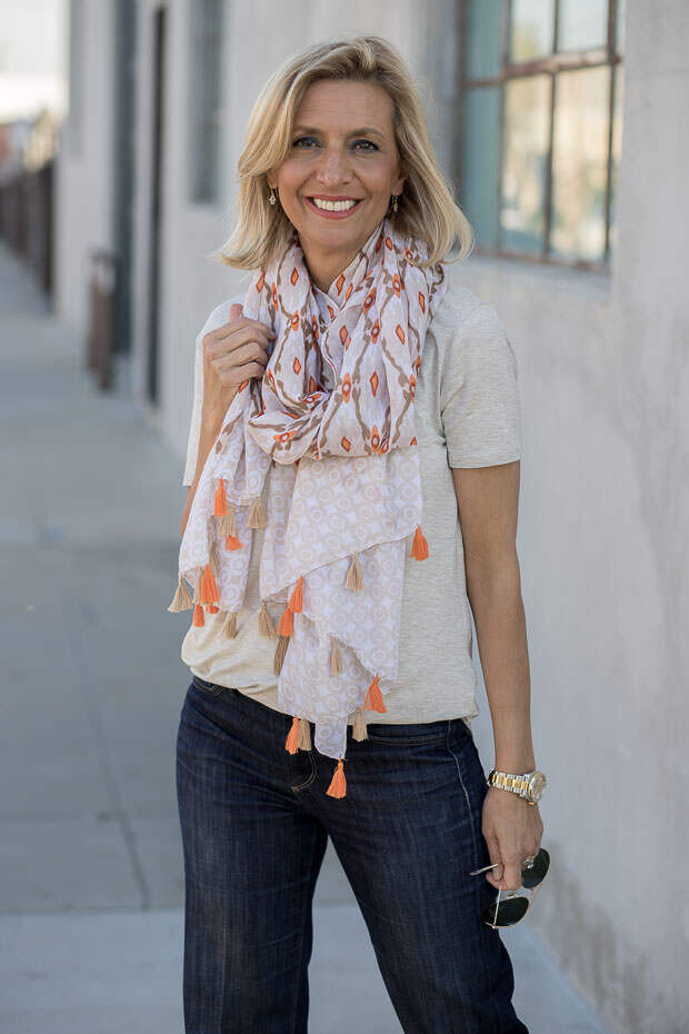 womens oatmeal round neck short sleeve top and multi color scarf