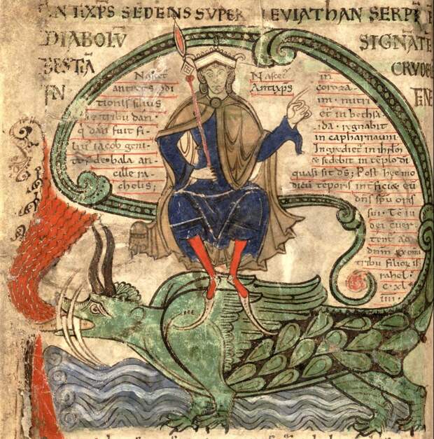 Антихрист, сидящий на Левиафане, пальцем указывает на цитату об Антихристе из работы Адсо. 