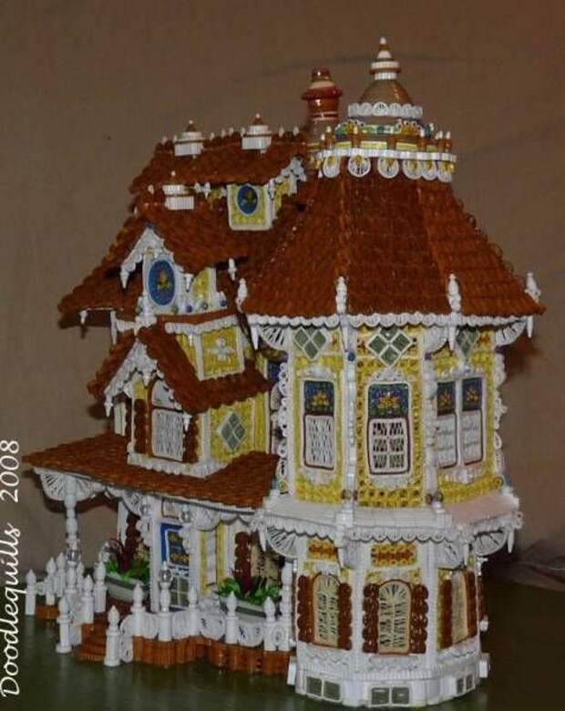 So this dollhouse is done entirely by quilling—that is curling up tiny strips of paper into little rolled shapes and gluing them together. I can’t say for sure the scale of this house, but based on curls I’m estimating quarter scale… EDIT: For some reason (probably me) this originally didn’t have a click through back to the source. I found this a