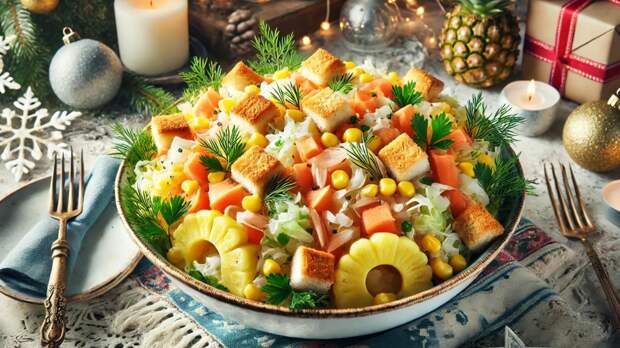 Вкусный Новый год: неожиданный салат из ананасов с рыбой