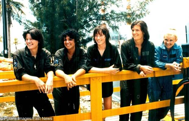 Some of NASA's first female astronaut candidates take a break from training in Florida in 1978. From left: Sally Ride, Judith Resnik, Anna Fisher, Kathryn Sullivan, and Rhea Seddon. (NASA/CNP/Polaris)