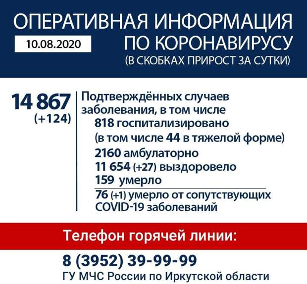 В Иркутской области число случаев заражения COVID к 10 августа достигло