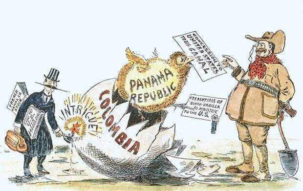 Карикатура на панамскую операцию.« Интриган» Бюно-Варилья слева, «миротворец» Рузвельт справа