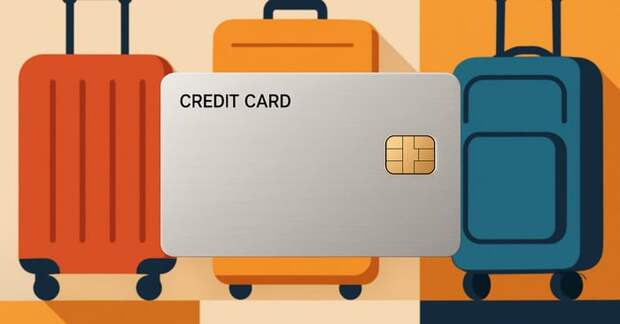 A plain silver credit card on a background featuring various luggage.
