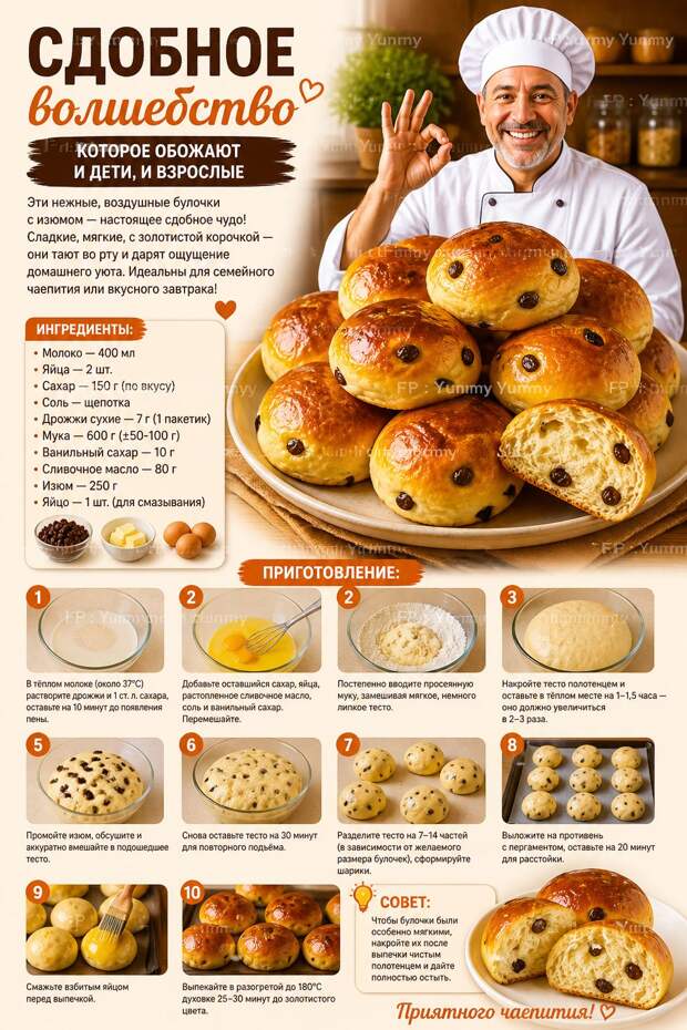 Кулинария>Воздушные булочки с изюмом !