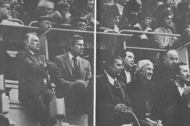 Лев Филатов (в кепке за столом слева) на стадионе 