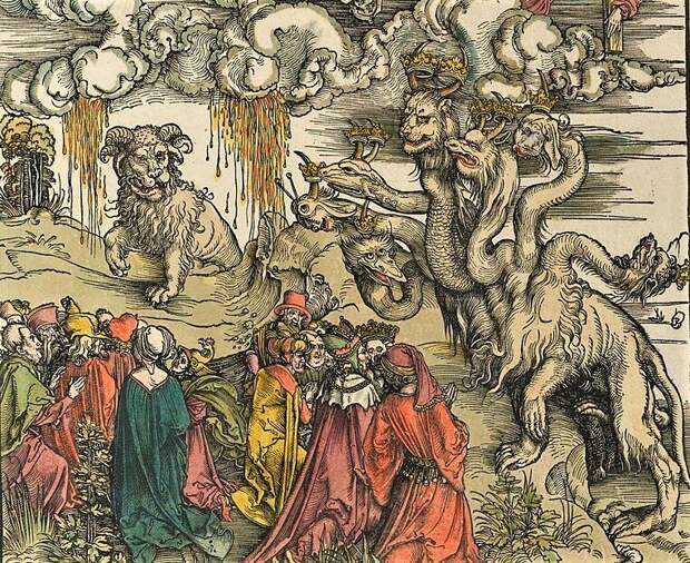 Изображение зверей Апокалипсиса. Многоголовый зверь из моря и зверь с рогами агнца, прообраз христианского лжемессии.