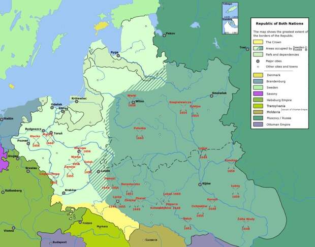 Зеленым цветом в центре показаны территории Речи Посполитой, которые оккупировали царские войска во время русско-польской войны 1654-1667 гг.