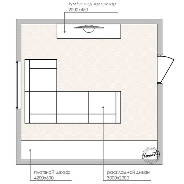 Размещение мебели в комнате площадью 18 кв м
