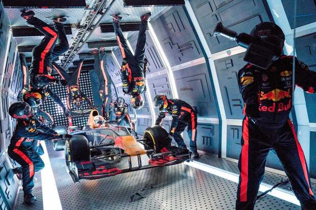 Everything floats up here Aston Martin Red Bull Racing’s mechanics pictured performing the Zero-G pitstop aboard an aircraft in Russia.