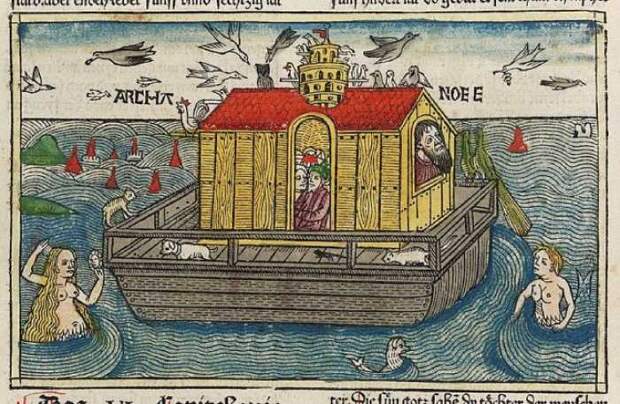 Страница из средневековой немецкой Библии с иллюстрацией о потопе.