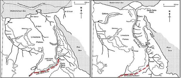 Рис. 3. Геологическая история реки-предшественницы Нубийского притока (Late Qena River; подчеркнута красным пунктиром). Слева показана схема рек на территории Египта около 16 млн. лет тому назад, когда самого Нила еще не было, но уже сформировалось русло будущего его притока юго-восточнее Асуана. Справа показан молодой Нил (Эонил) около 6 млн. лет тому назад, «перехватывающий» реку Qena.