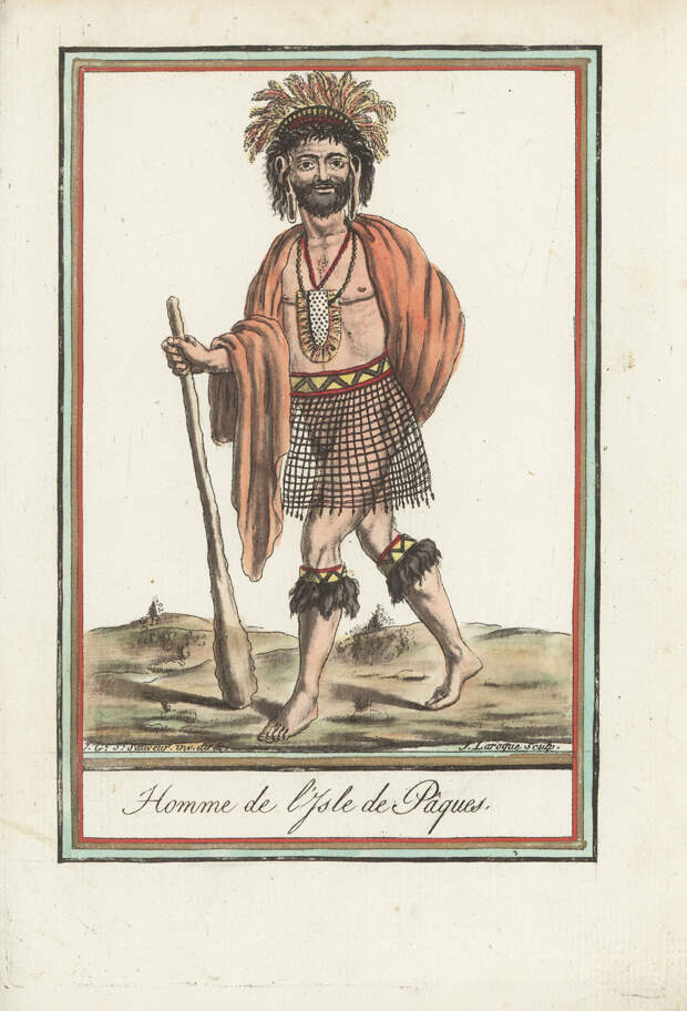 Мужчина племени Рапа-Нуи. Гравюра по эскизу Жака Грассе де Сен-Совера из его «Энциклопедии путешествий», Франция, 1792 год