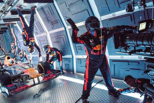 Standing still is easier said than done Aston Martin Red Bull Racing’s mechanics pictured performing the Zero-G pitstop aboard an aircraft in Russia.