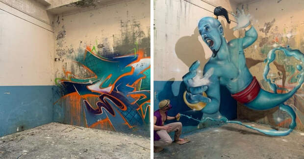 Волшебный мир граффити: 15+ волшебных работ французского художника, превращающего обшарпанные углы в 3D-объекты, пугающие своей реалистичностью