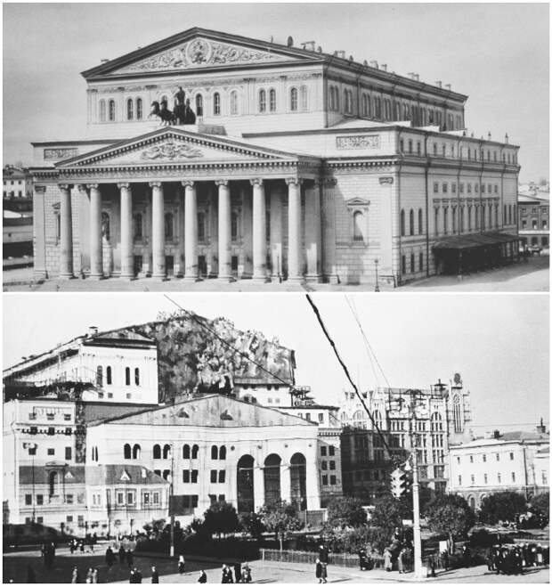 Большой театр в мирное время и после маскировки. | Фото: can-you-help.me/ pastvu.com. Большой театр в мирное время и после маскировки. | Фото: can-you-help.me/ pastvu.com.