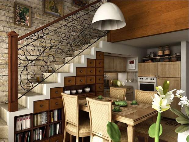 Оригинальное и оптимальное решение создать уютную обстановку за счет удачного расположения лестницы дома.