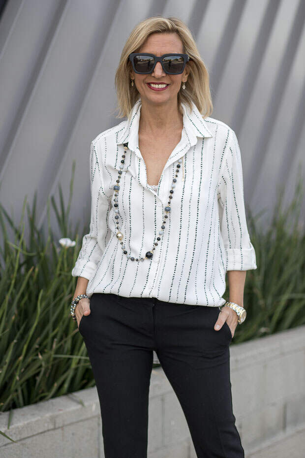 ivory pebble stripe button front shirt for women