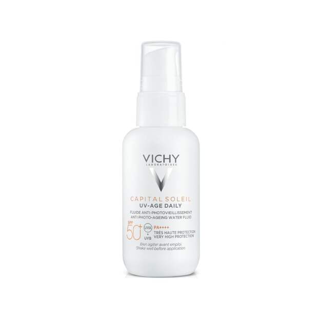 Невесомый солнцезащитный крем-флюид для лица с пептидами и ниацинамидом против признаков фотостарения, SPF 50+, Capital Soleil UV-Age Daily, Vichy, 2069 руб. («Л'Этуаль»)