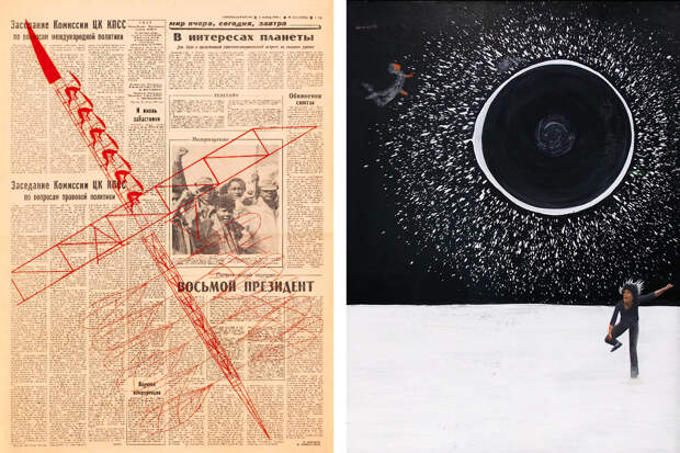 Слева: Юрий Аввакумов, «Летающий пролетарий. 1989 год. Посвящение В. В. Маяковскому» / Пётр Беленок, «Случайное затмение», 1990 год