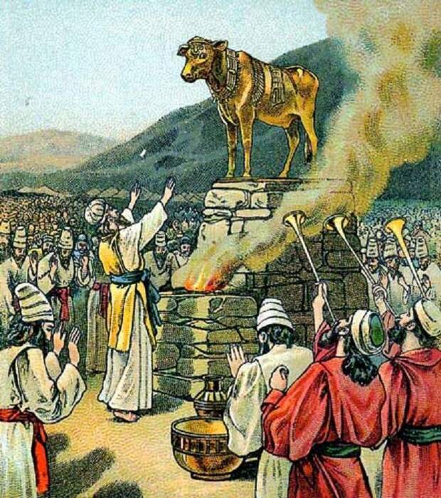 Иллюстрация из библейской карты компании «Провидение». Поклонение золотому тельцу. 1901