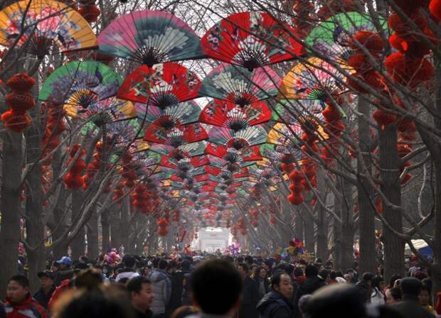 Толпы прогуливаются под рядами деревьев, украшенных веерами и красными фонарями во время фестиваля в честь китайского Нового года в Пекине. китай, люди, население